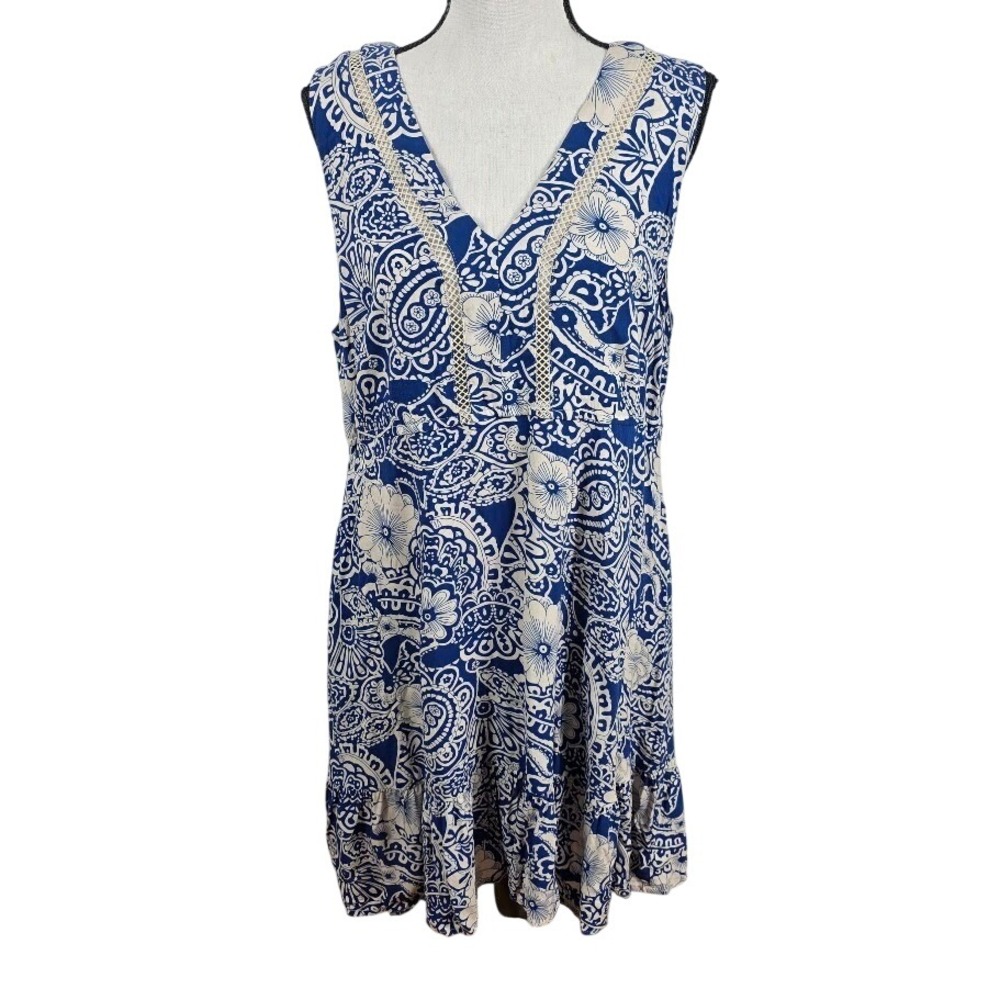 Tribal Femme Dress Women Large Blue Paisley Floral Boho Crochet Ruffle Pocket